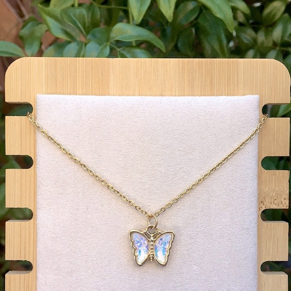 White Opal Aurora Borealis Crystal Butterfly Pendant Necklace - Picture 3 of 10